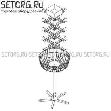 торговая стойка с круглой корзиной и крючками