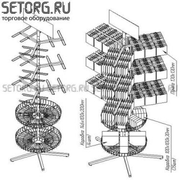 торговая стойка с круглыми корзинами и крючками